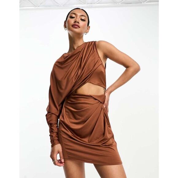 ASOS One Shoulder Draped Slinky Mini Dress in Chocolate size 2 NWT Love Island - Picture 2 of 14